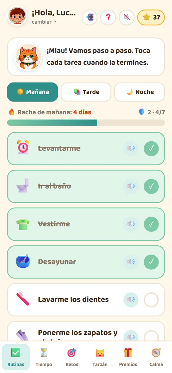 Pantalla de rutinas de la app Brújula en Calma